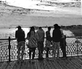A group of six young people from the back, looking out to sea and sky over a pier fence, in black and white with pixelation