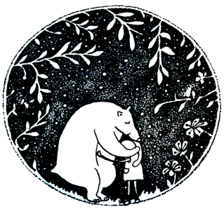 Blck and white hand-drawn image of a large bear embracing a small child, bordered by flowers and leaves, with stars in the background