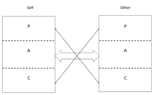 Image - an arrangement of boxes and arrows. On the left, under heading 'Self' there are three boxes arranged one on top of the other. First P (for Parent), then A (for Adult), then C (for Child). Opposite, there are the same arrangement of boxes, this time under the heading 'Other’. A wide arrow connects A on the left to A on the right, and a fine double-ended arrow connects P under ‘Self’ to C under ‘Other’ diagonally across the image. A fine double ended arrow also connects P under ‘Other’ to C under ‘Self’, diagonally in the other direction.