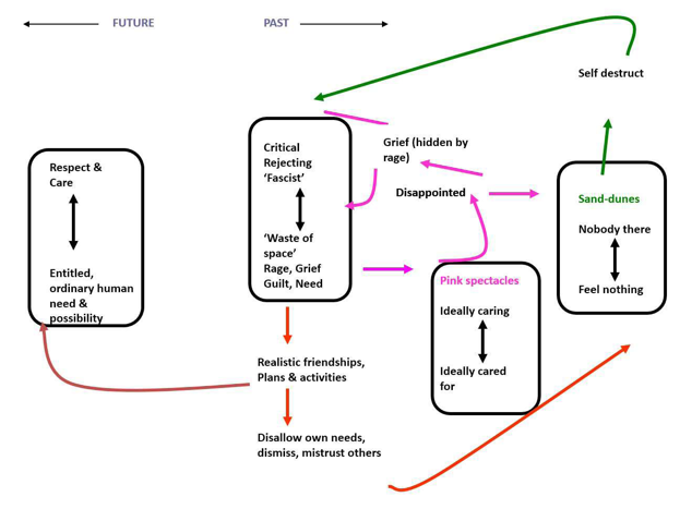 CAT diagram showing new emerging healthy reciprocal role 'respect and care - to - entitled, ordinary human need & possibility'