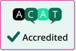 ACAT logo in black and greens, against a pale green background with a fine pink border.  Below the logo is a green tick and the word 'Accredited' denoting ACAT's register of accredited members