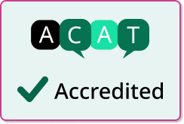 Badge denoting accredited ACAT membership - ACAT logo in greens and black, with a green tick and wording 'Accredited'