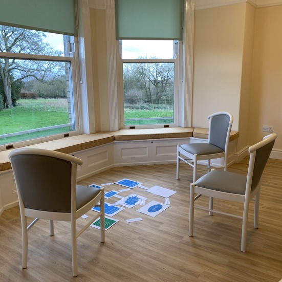 Three empty chairs with white and blue sheets of paper on the floor between them, connected by paper arrows, as in a CAT map.  The chairs are in a bay window overlooking a grassy view with trees and shrubs beyond.