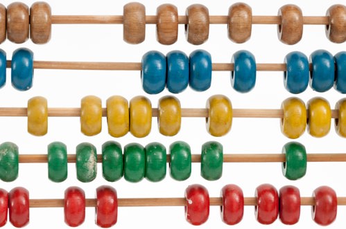 a counting abacus with different coloured beads arranged over five horizontal rows