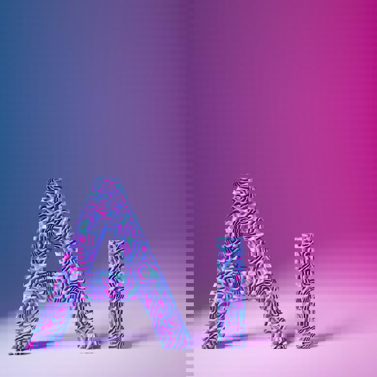 A blue background blends into a pink one, with solid letters A and i in the foreground, with a squiggle pattern in blues, pinks and purples