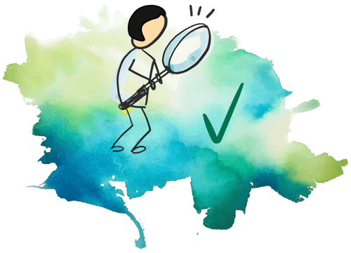 Figure holding a large magnifying glass focussing on a tick symbol, against a blue, and green watercolour background