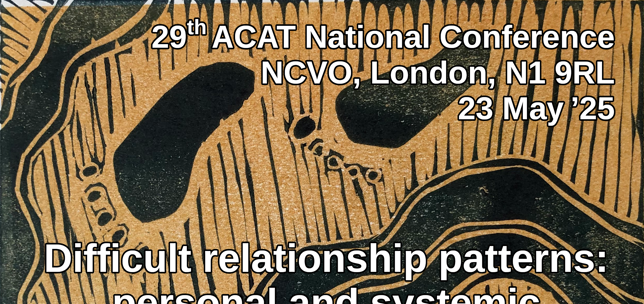 Poster for ACAT Conference 2025, 23rd May 2025, NCVO London N1 9RL - a print in colours of black background overlaid by yellow/brown, showing five black footprints between several black channels or streams