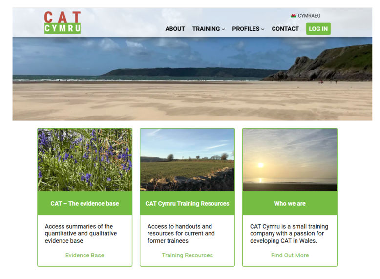 Image of a section of the CAT Cymru website showing a sandy beach with cliffs and blue sky, plus three boxes linking ot sections on CAT Evidence Base, CAT Cymru Training Resources, and 'Who we are' pagees