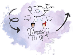 Two people sitting across a table thinking, talking and mapping ina CAT way