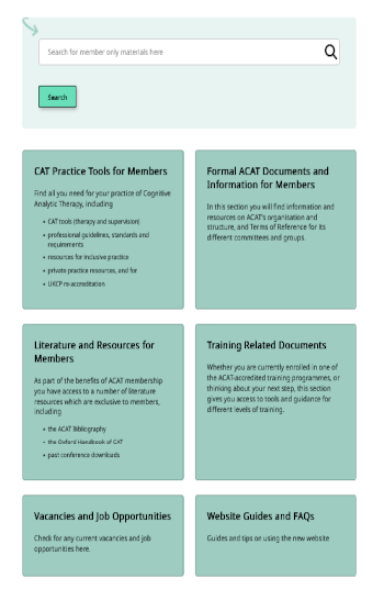 Six green boxes showing different member-only resources, described in the text of the article